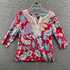 Talbots Womens Boho Pima Cotton 3/4 Sleeve Top Petite XL Paisley Floral Classic